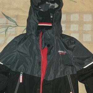 London Fog Fleese Lines Black and Red Hooded Rain Jacket